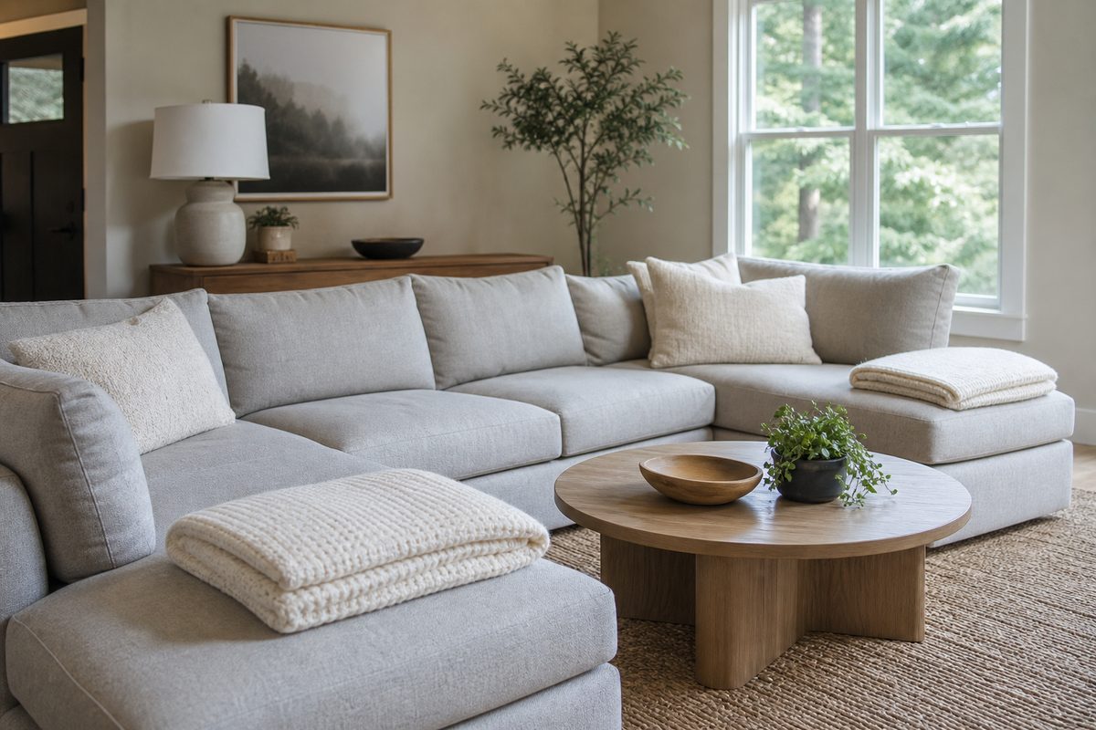 A clean fabric sectional sofa with folded throw blankets in a bright Spokane living room
