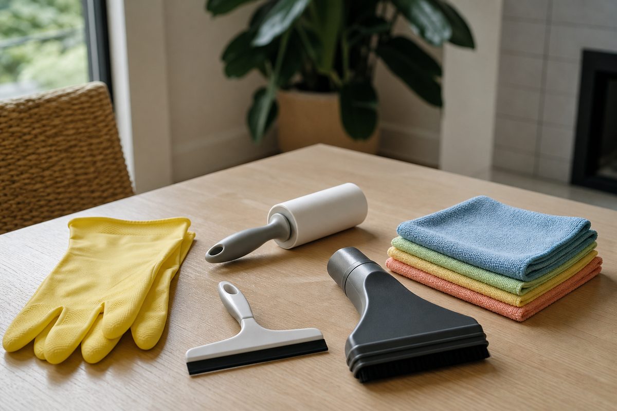 Rubber gloves, a rubber squeegee, a lint roller, and a vacuum upholstery attachment arranged on a table