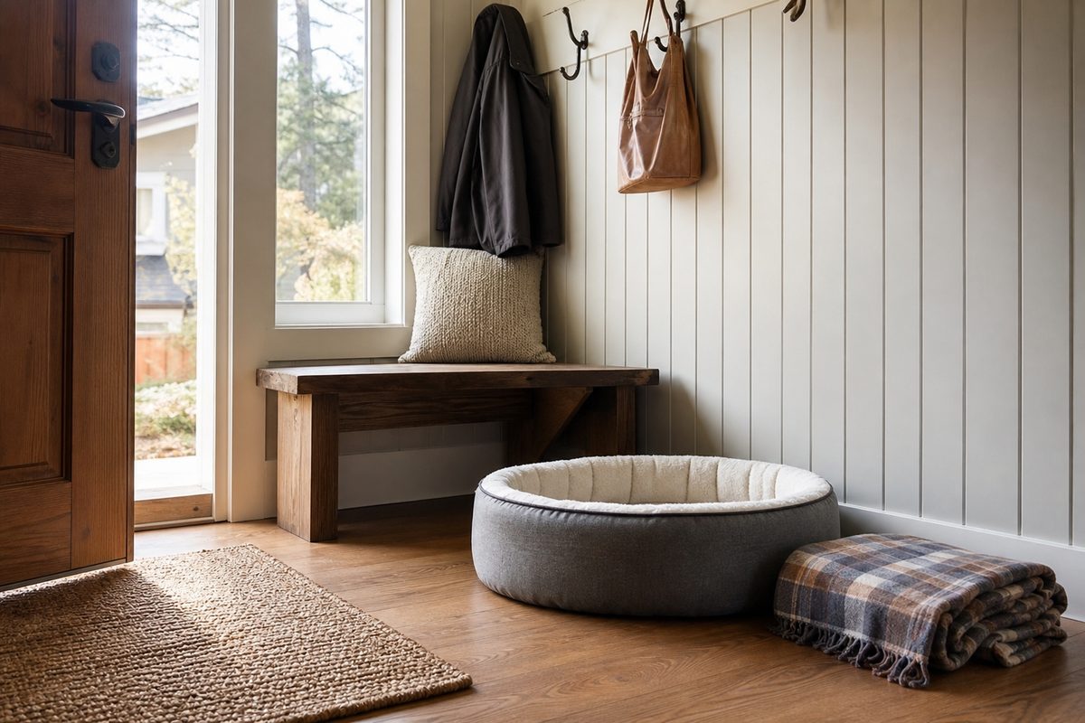 A tidy Spokane mudroom corner with an empty washable pet bed, a folded blanket, and a woven entry mat