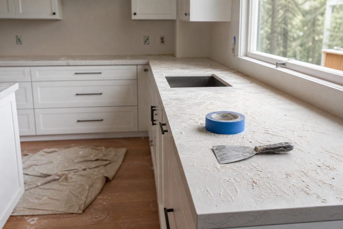 A newly remodeled Spokane kitchen covered in a fine layer of drywall dust before post construction cleaning