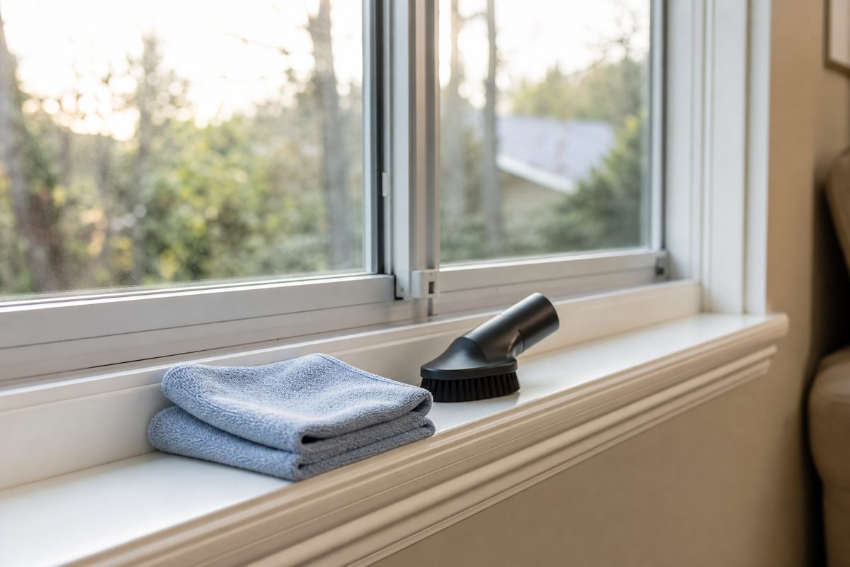 Close view of a clean window track and sill in a Spokane home after construction dust removal
