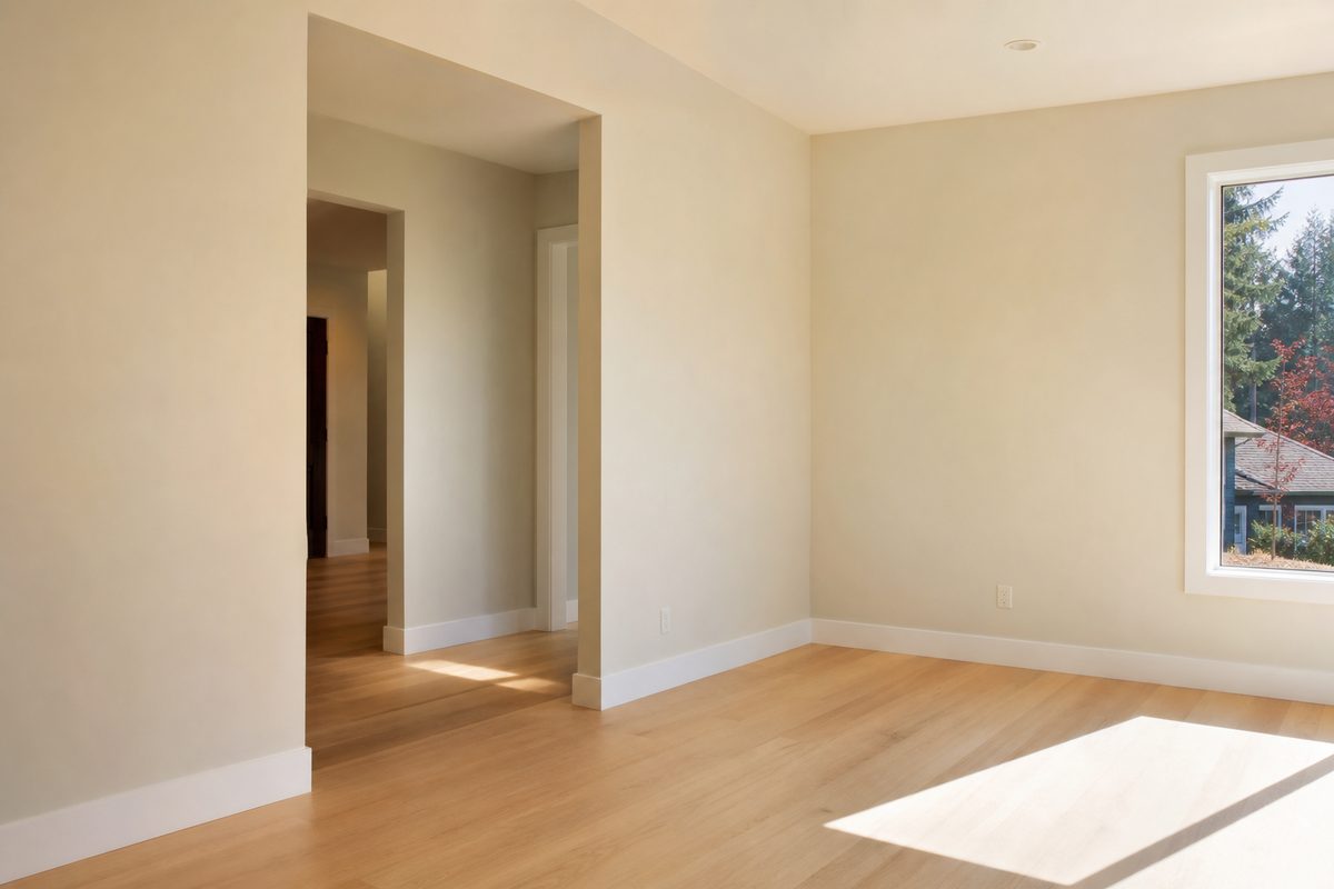 A finished, dust-free Spokane living room with clean trim and floors after post construction cleaning