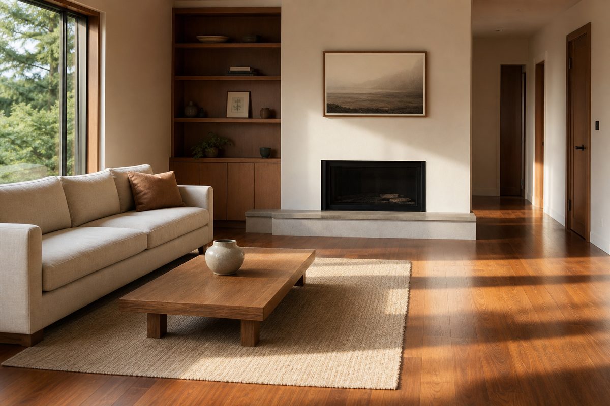 A tidy Spokane living room with clean wood floors and afternoon light across the furniture