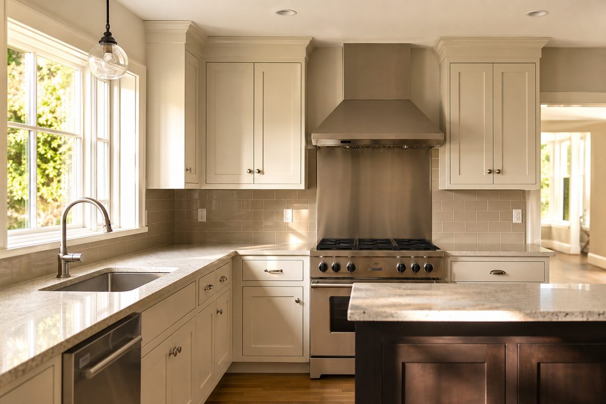 Clean kitchen counters, cabinet fronts, and range hood in a Spokane home after a top-to-bottom reset