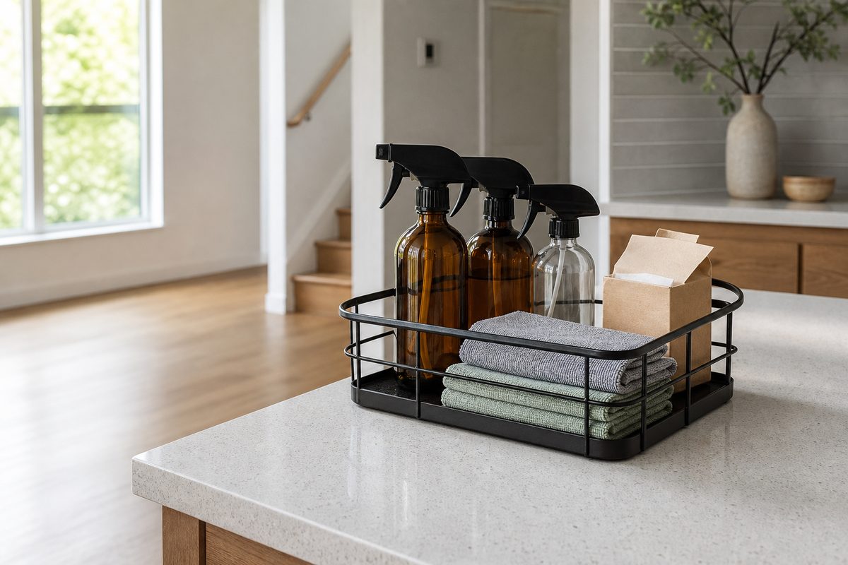 A tidy cleaning caddy of simple spray bottles and folded microfiber cloths on a Spokane kitchen counter
