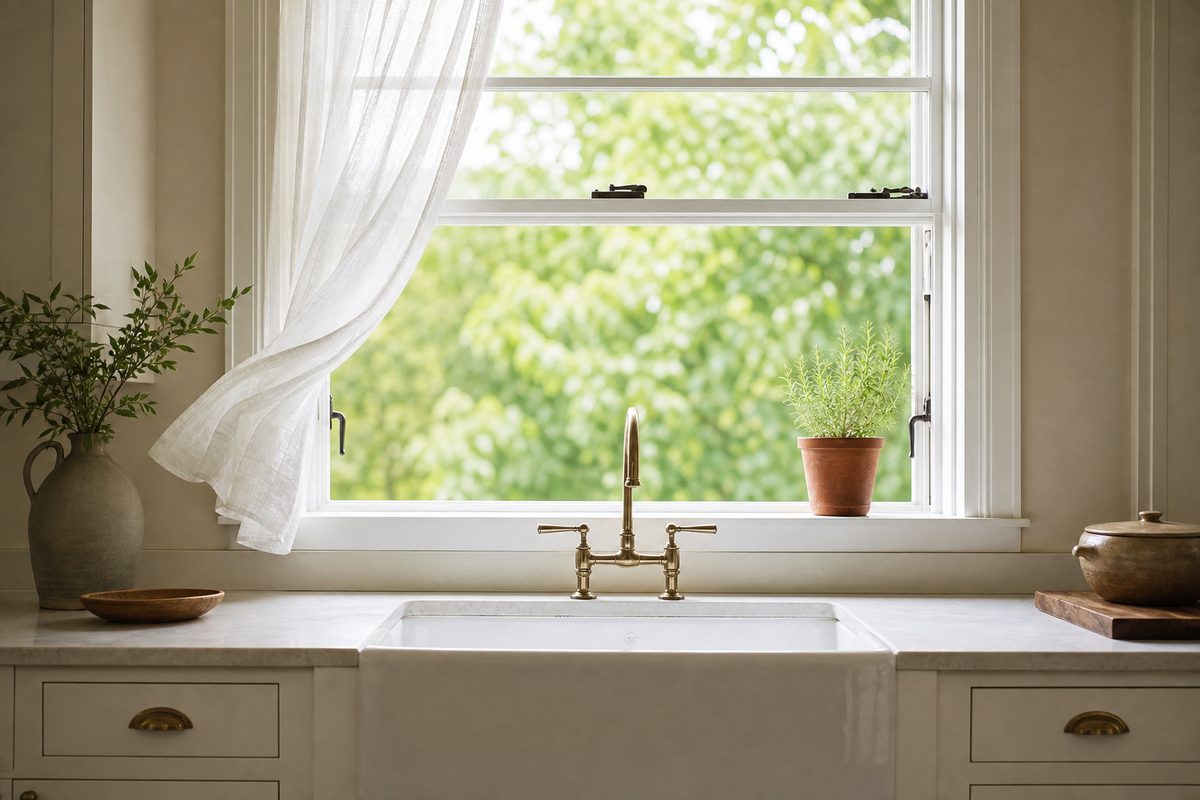 An open double-hung window over a Spokane kitchen sink with morning air moving through the room
