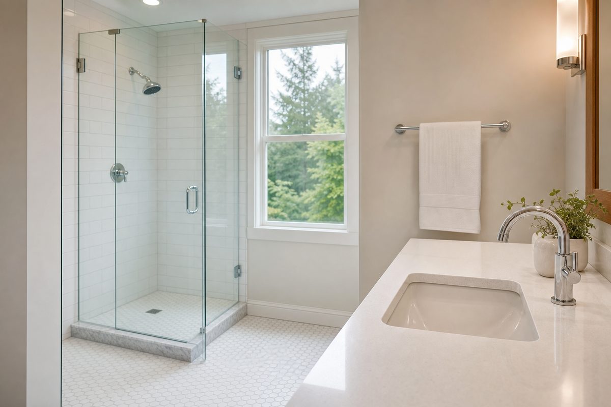 A bright Spokane bathroom with clear shower glass, a clean tile floor, and no clutter on the vanity