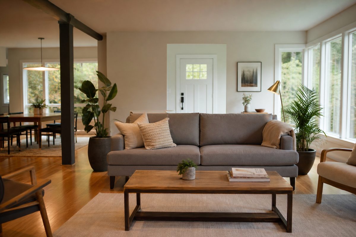 A tidy, well-kept Spokane living room with clean hardwood floors in soft daylight