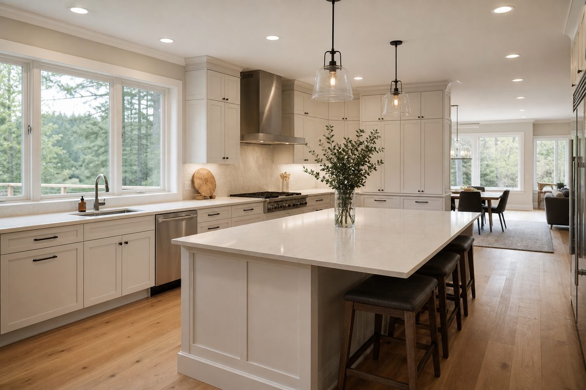 A spacious Spokane kitchen with extensive counters and an island, showing how scope adds cleaning time