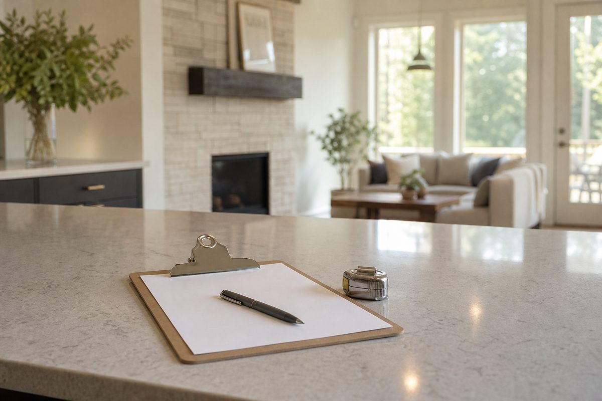A clipboard, pen, and tape measure on a clean Spokane kitchen counter during an in-home cleaning estimate