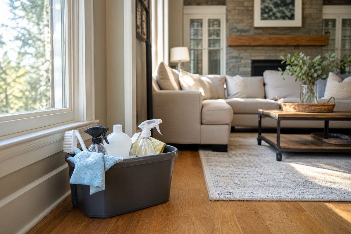 Cleaning supplies caddy ready in a Spokane living room before a first house cleaning