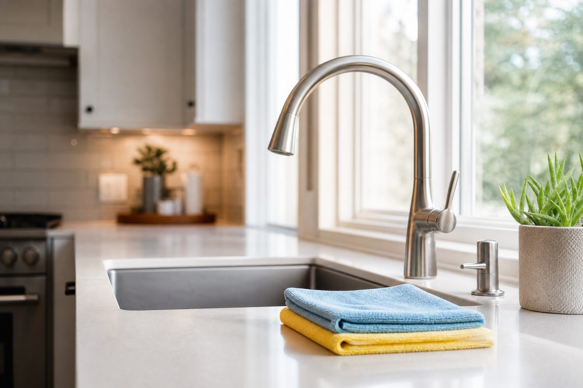A streak-free kitchen counter and faucet after wiping away wildfire-smoke residue, with folded microfiber cloths