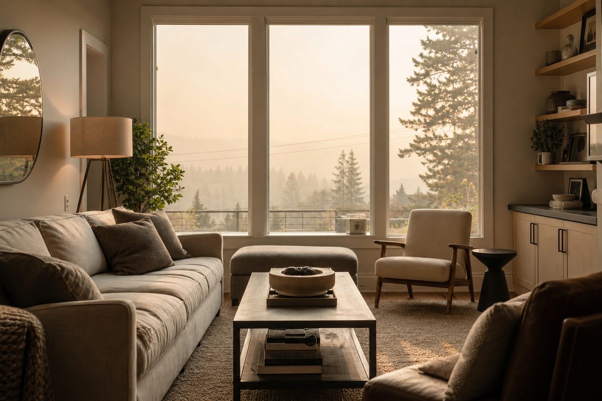 Hazy amber daylight from wildfire smoke filling a Spokane living room