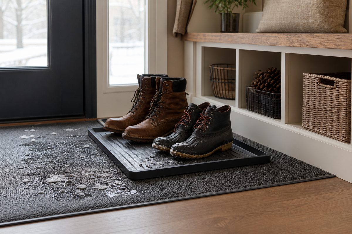 Snowy boots draining on a ribbed boot tray in a Spokane home entryway in winter