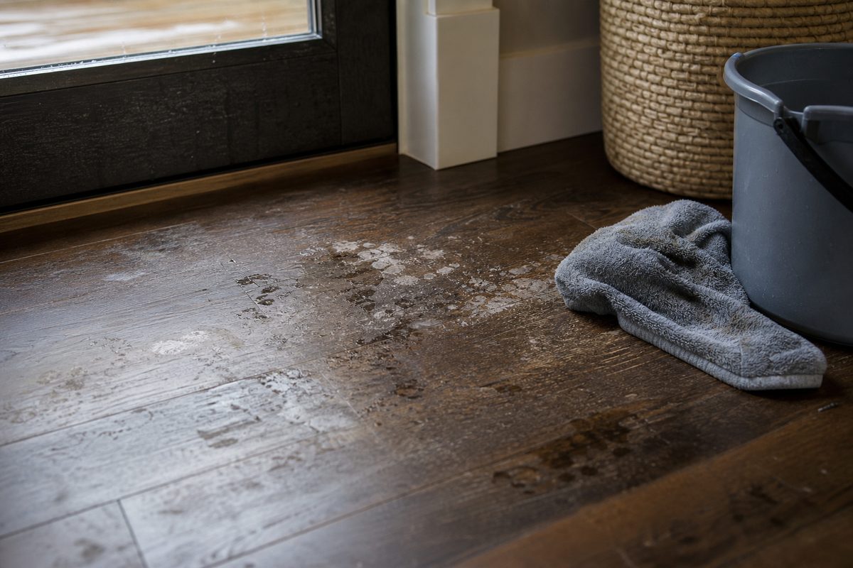 Chalky white salt stains and dried winter mud on hardwood near a Spokane home doorway
